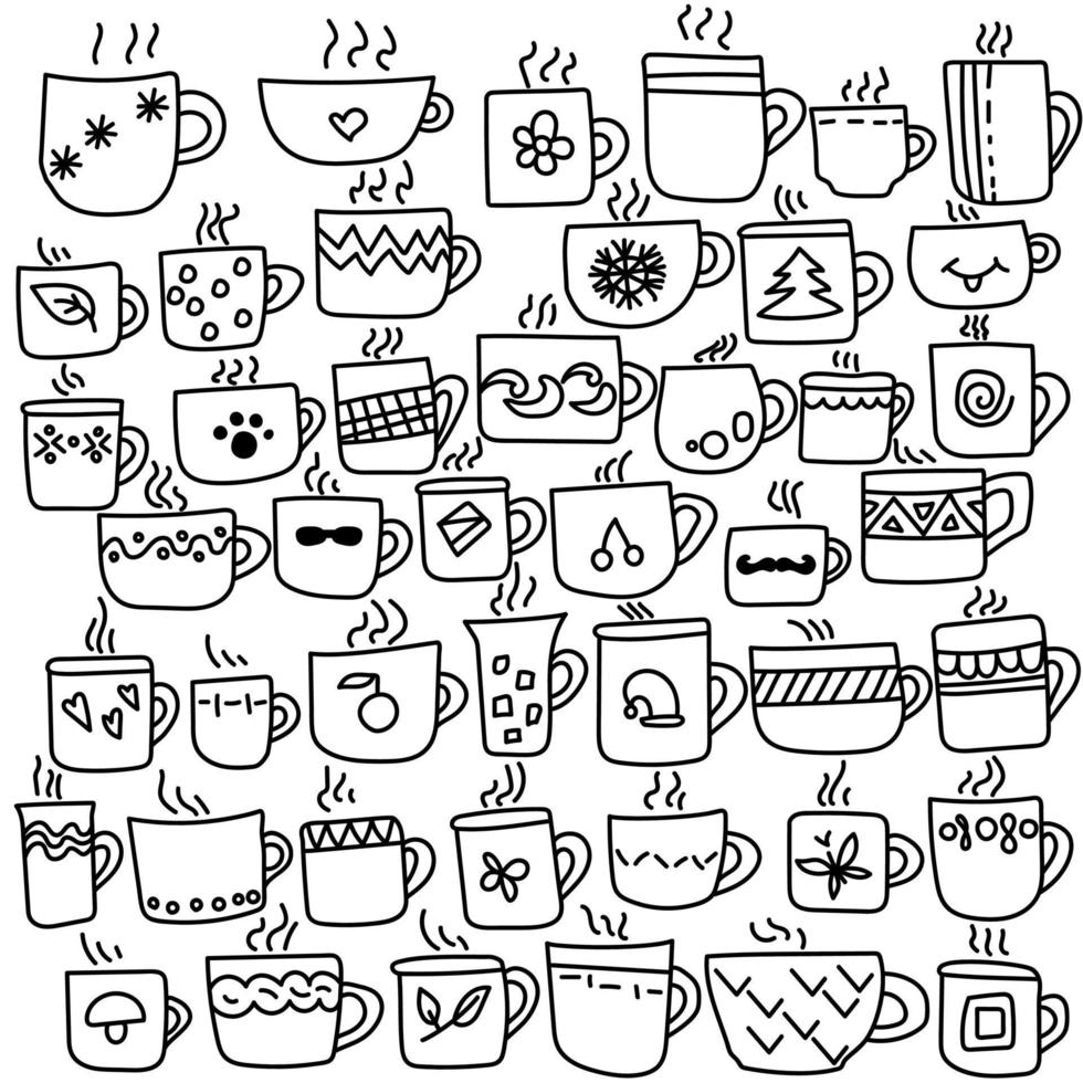 Set of 45 doodle hot drink cups and mugs, outline drawings with cute decor in the form of hearts, snowflakes, patterns vector