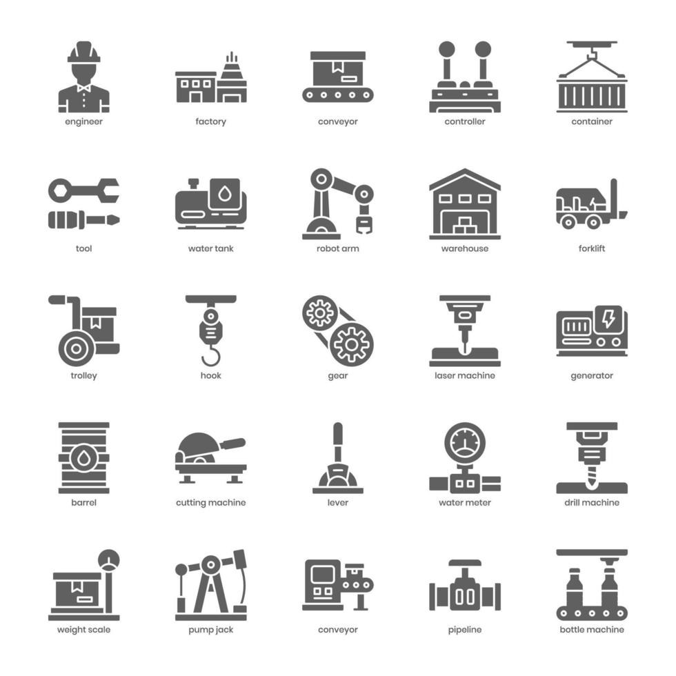 Manufacturing icon pack for your website design, logo, app, UI. Manufacturing icon glyph design. Vector graphics illustration and editable stroke.