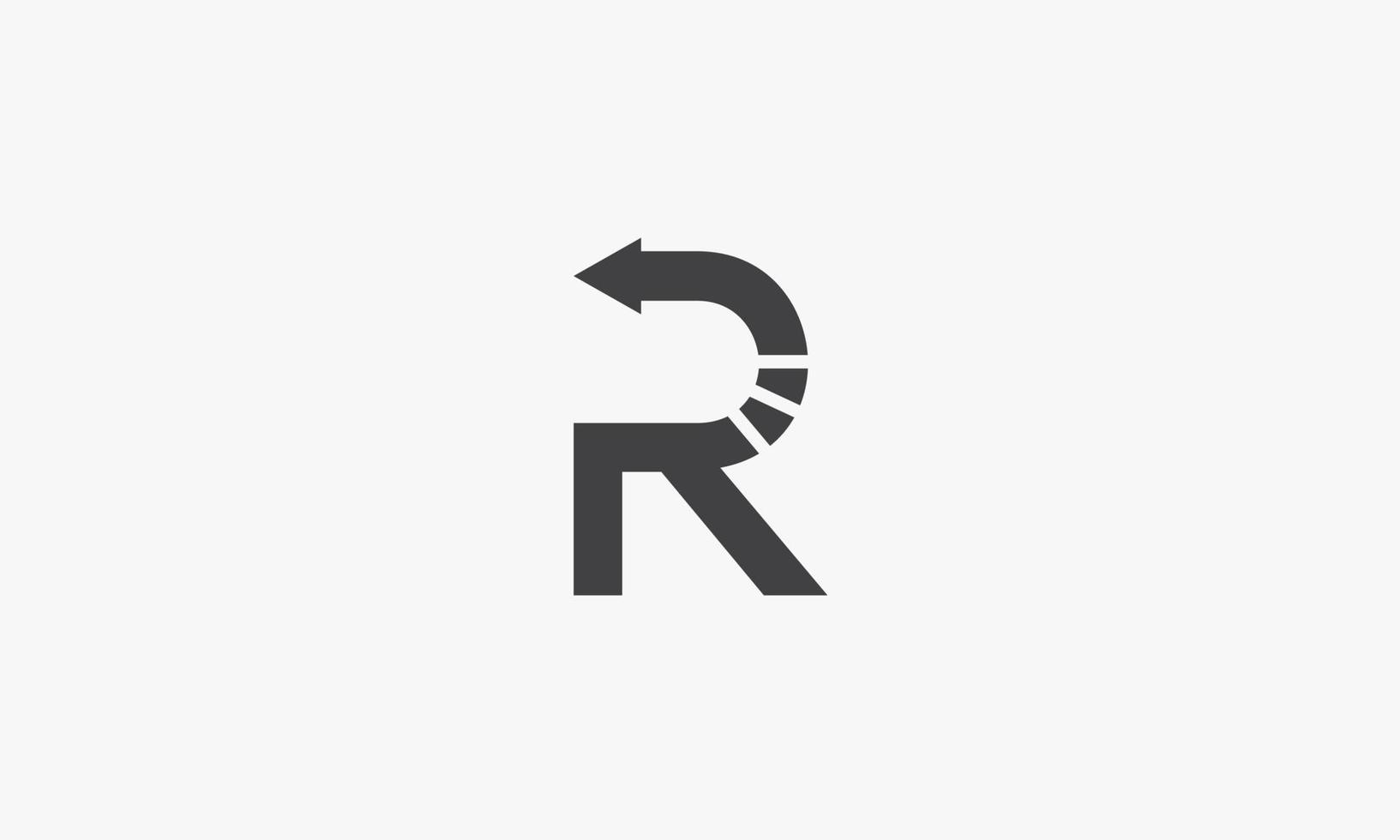 Logotipo de la letra r de la flecha curva hacia atrás aislado en el fondo blanco. vector