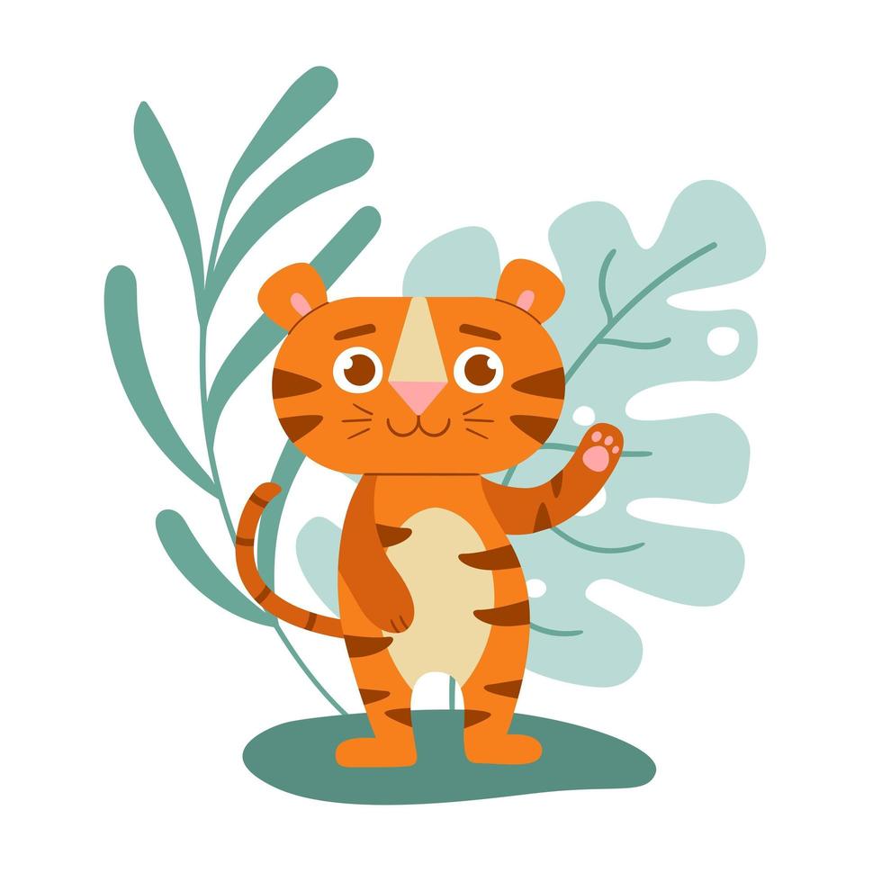Cute tiger with tropic leaves. Children illustration of new year simbol 2022, tiger vector