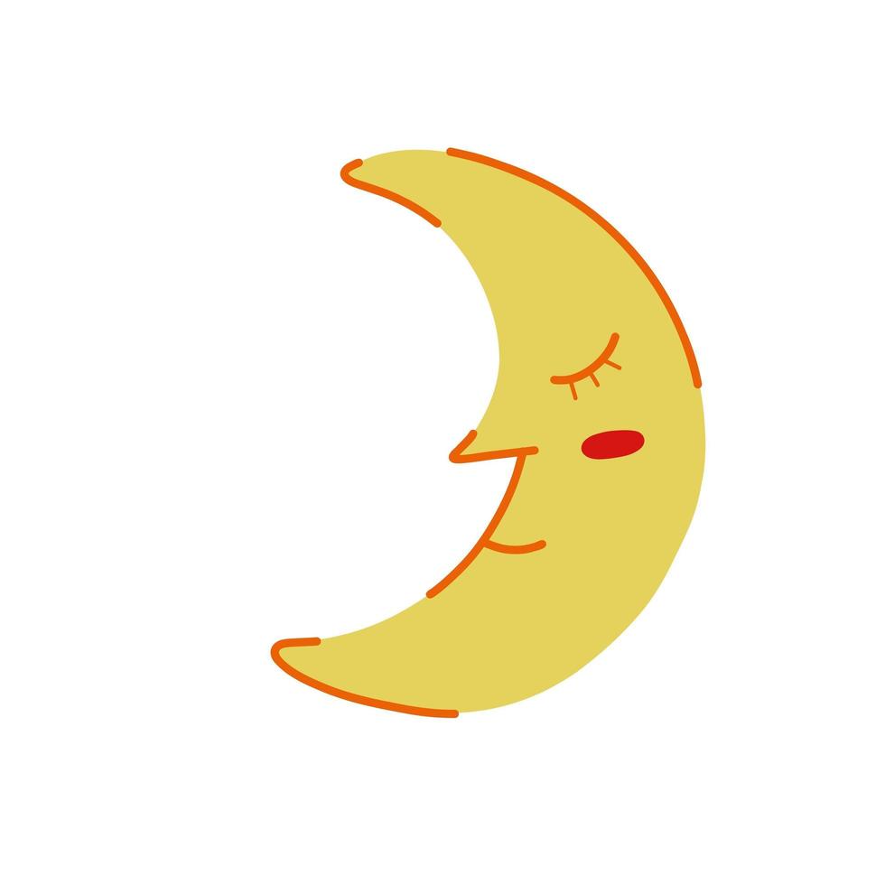 Cute yellow moon with face. Sleeping vector moon illustration on white