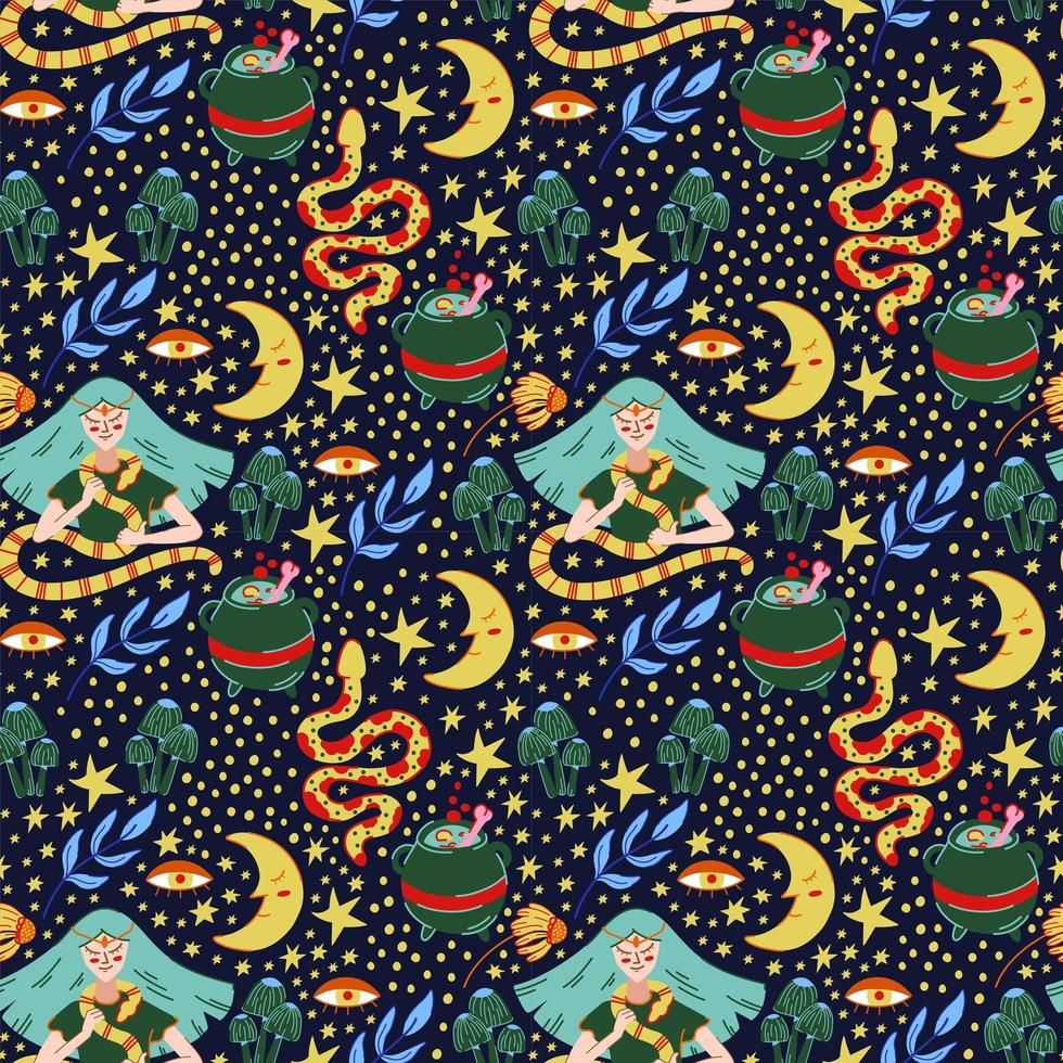 Witch with snake, mushrooms and moon seamless pattern on dark background. Halloween vector background
