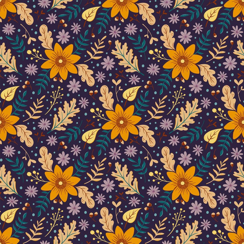 Sunflower autumn seamless pattern. Floral background with fall leaves and colorful flowers on dark background vector