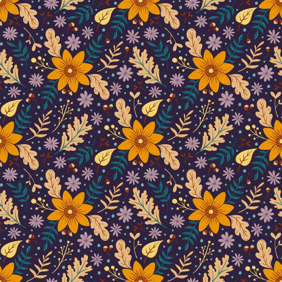 girasol otoño de patrones sin fisuras. Fondo floral con hojas de otoño y flores de colores sobre fondo oscuro vector