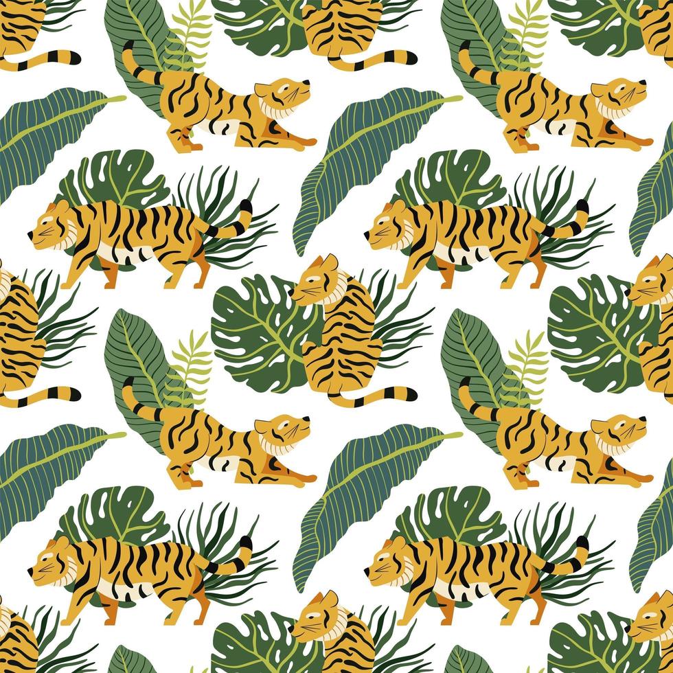 Vector seamless pattern with tigers and tropical leaves on white background. Exotic plants and predator background