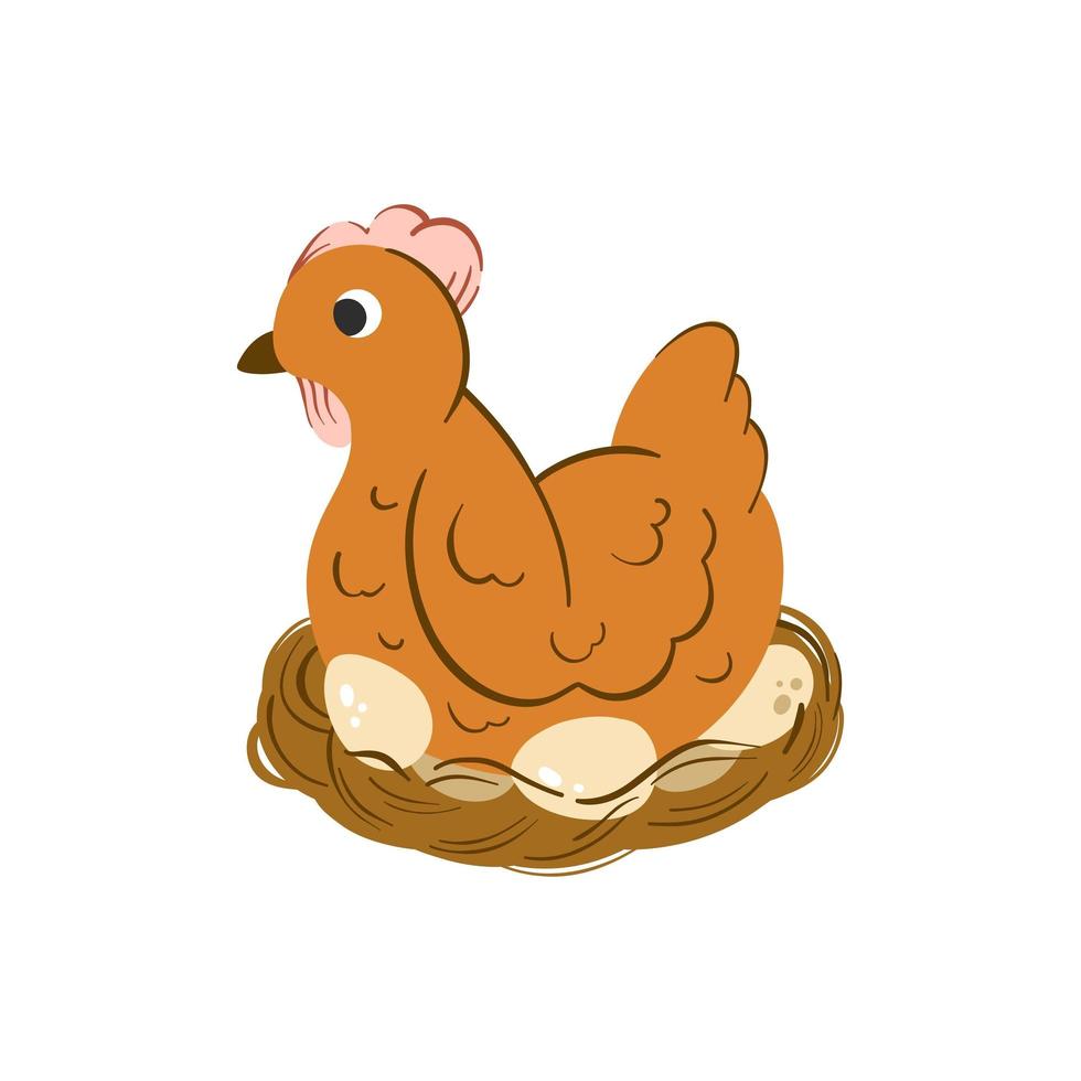 hen hatches eggs vector illustration. Chicken nest isolated on white