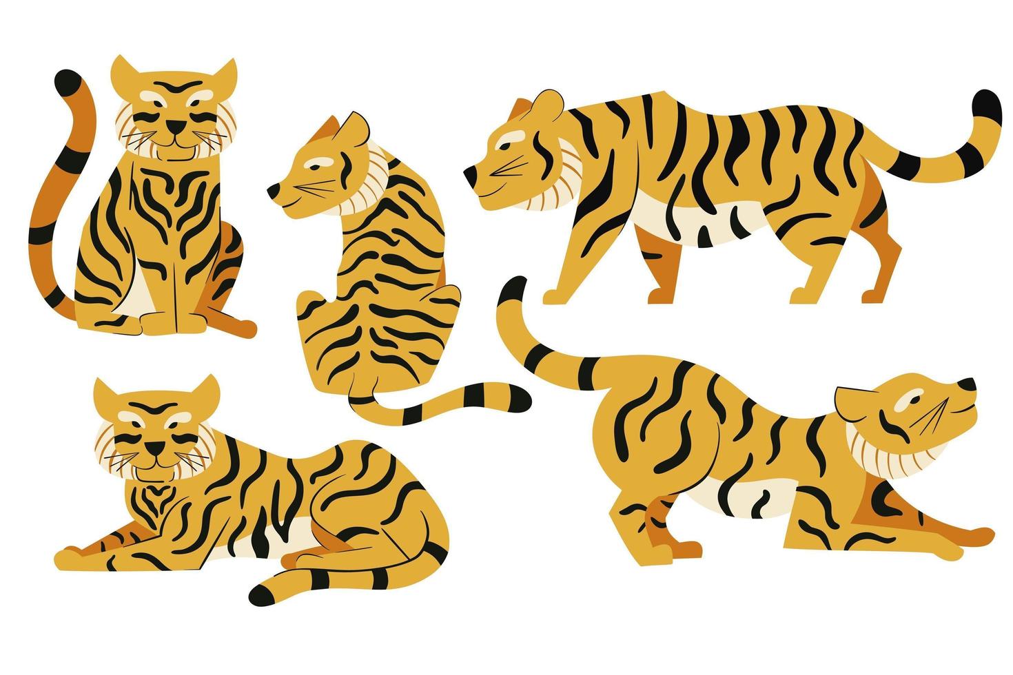 conjunto de tigres vectoriales en diseño plano. Ilustración de gatos salvajes aislado sobre fondo blanco. vector