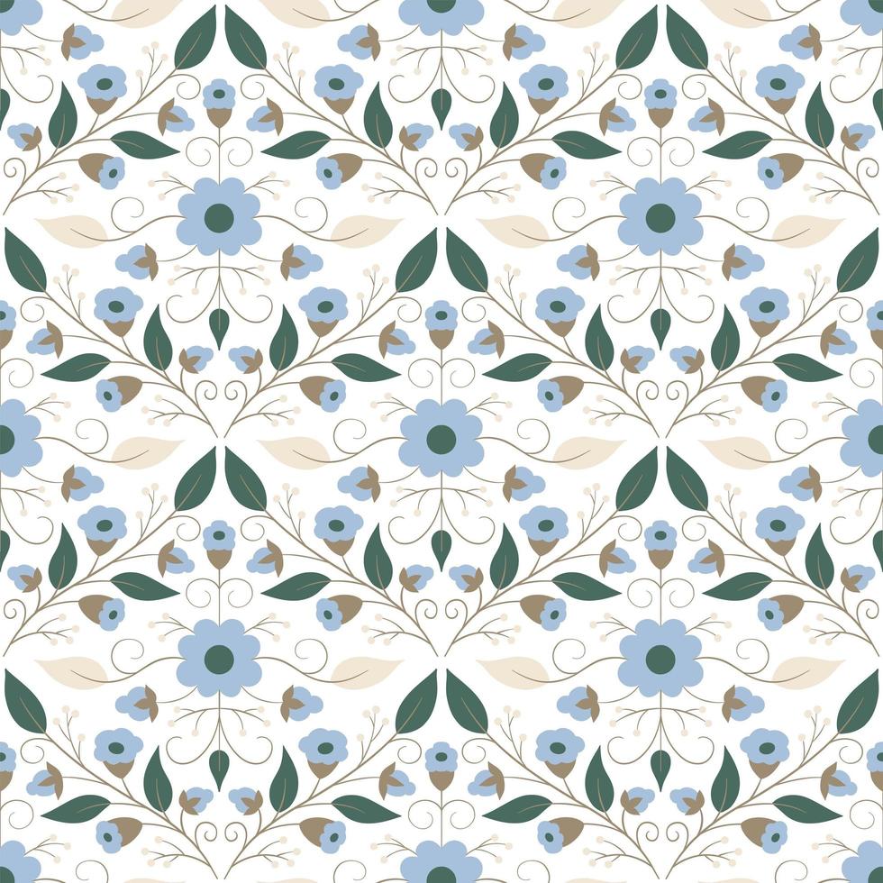 Damask floral seamless pattern. Vector calm background illustration with blue flowers on white.