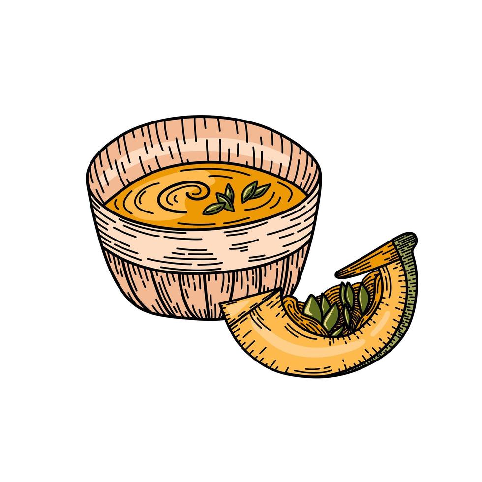 Ilustración de dibujo de vector de sopa de calabaza. Sopa de otoño tradicional de acción de gracias con una rodaja de calabaza en blanco