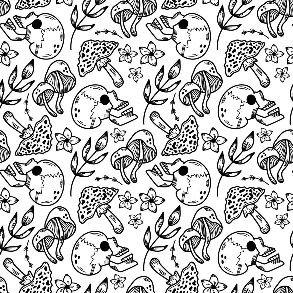 Seamless vector pattern with skull and mushrooms. Halloween wallpaper on white