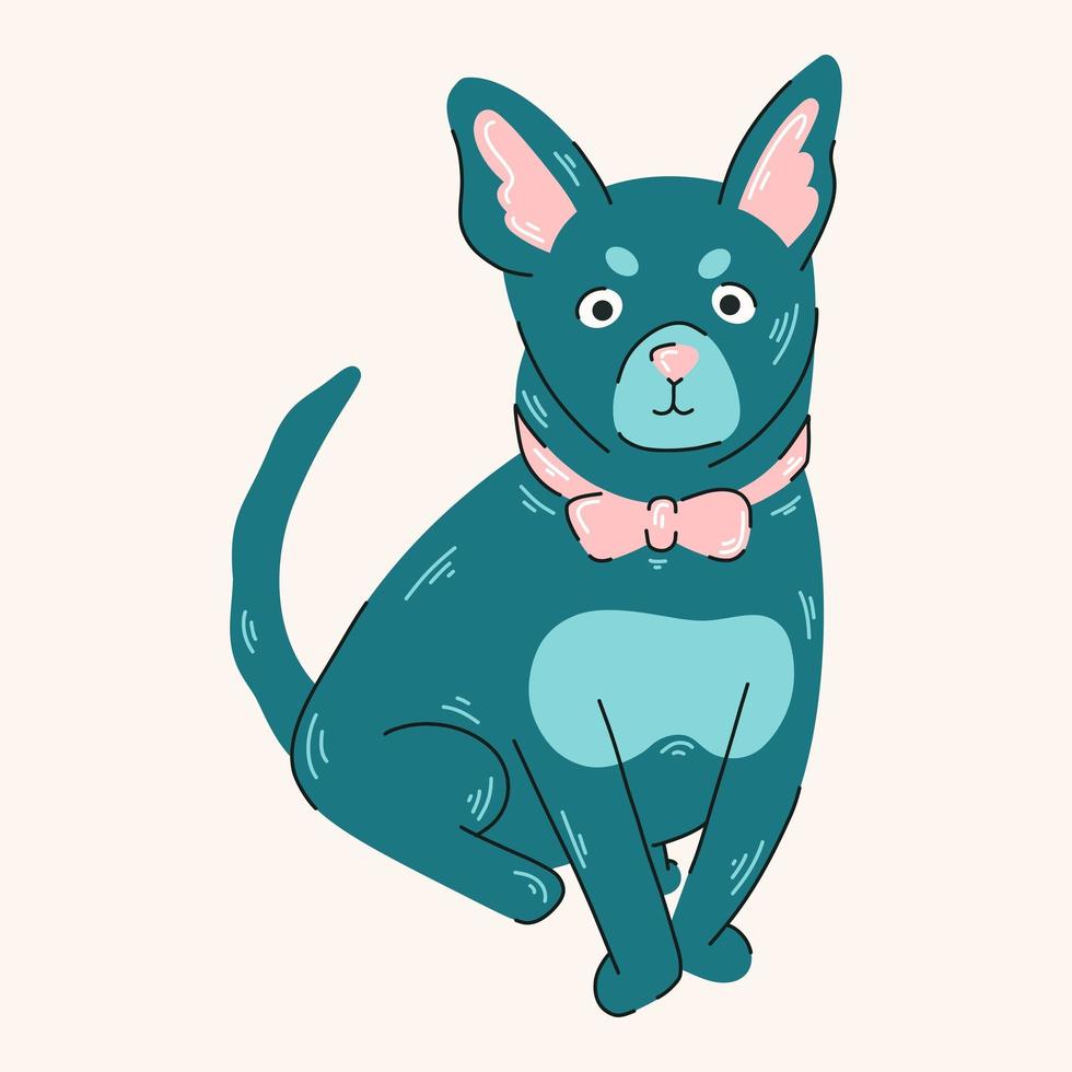 Blue vector dog with bow tie illustration. Colorful print with dog