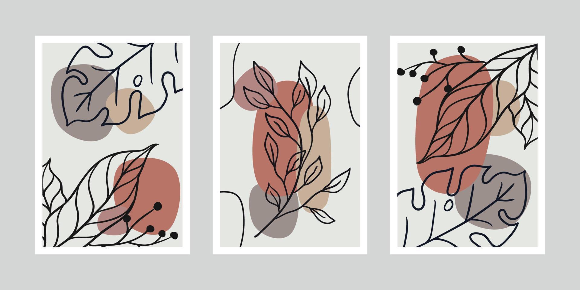 Set of minimalistic posters with leaves vector