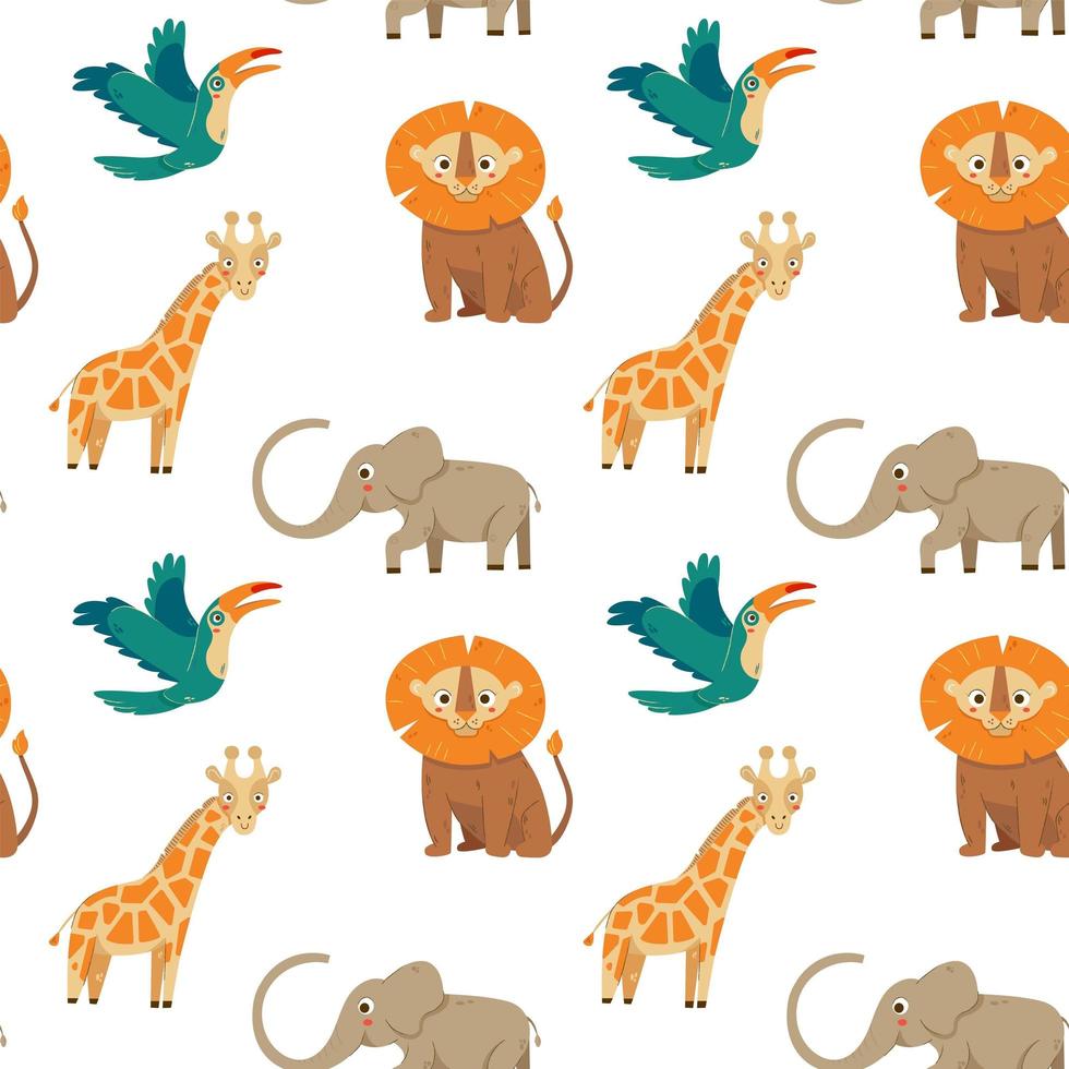 Cute jungle animals seamless pattern on white background with geraffe, elephant and lion vector