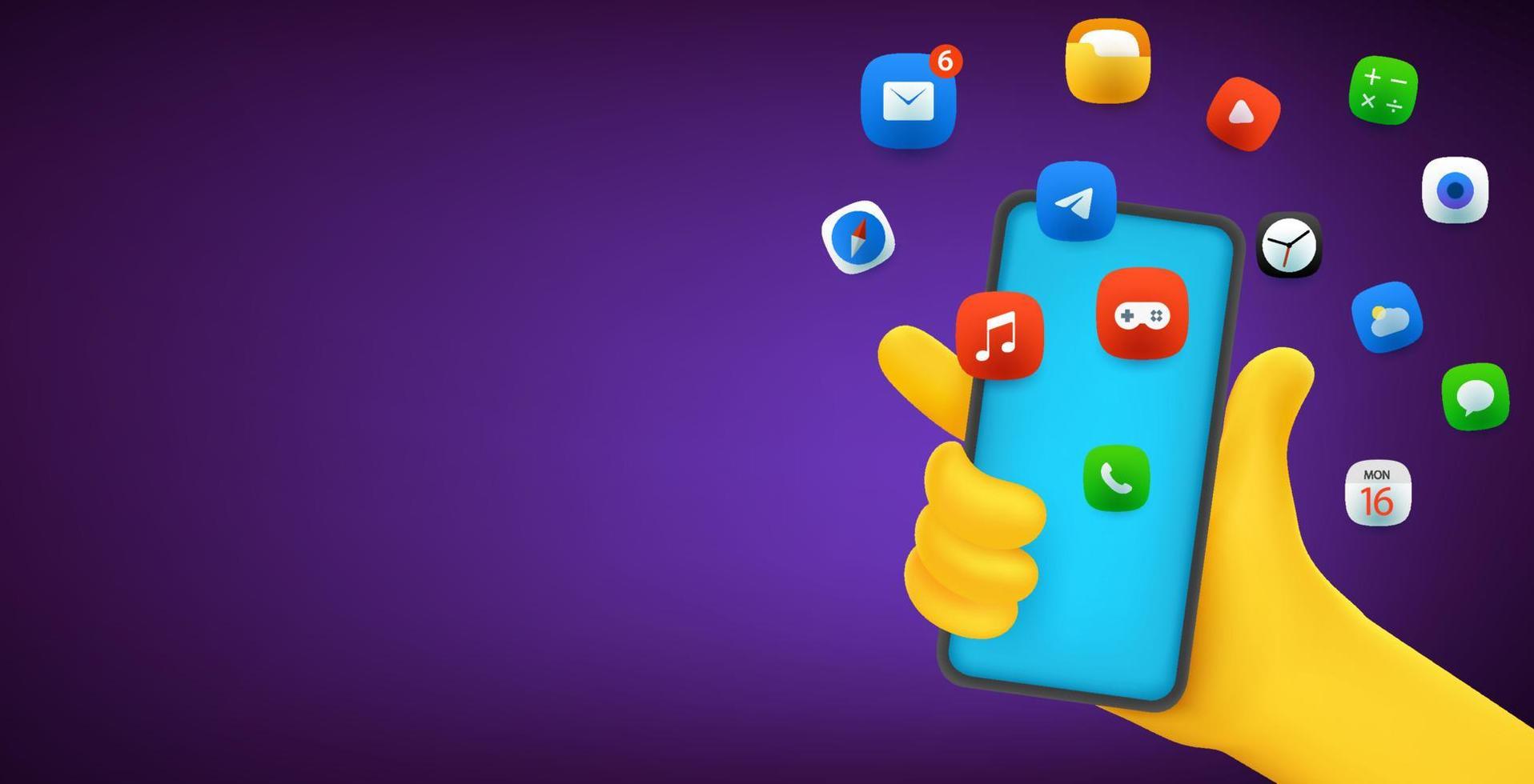 Hand holding modern smartphone with application icons. Horizontal vector banner with copy space
