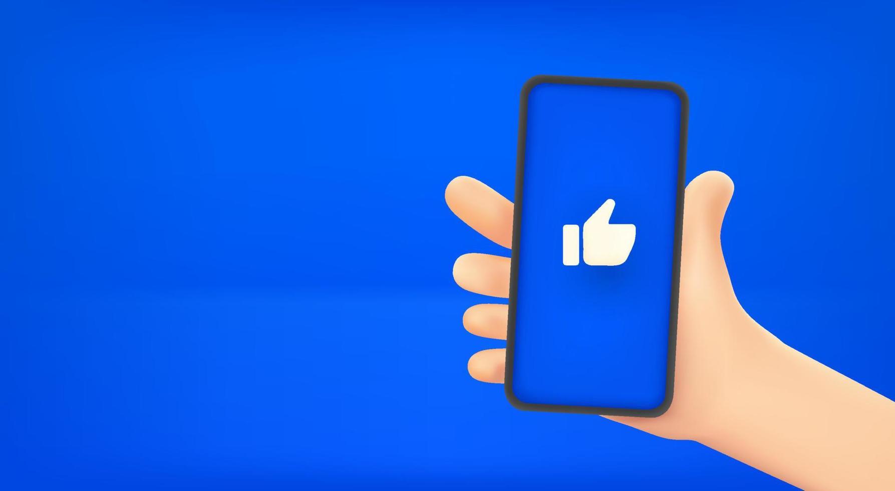 Man holding smartphone with thumbs up symbol. Vector banner with copy space