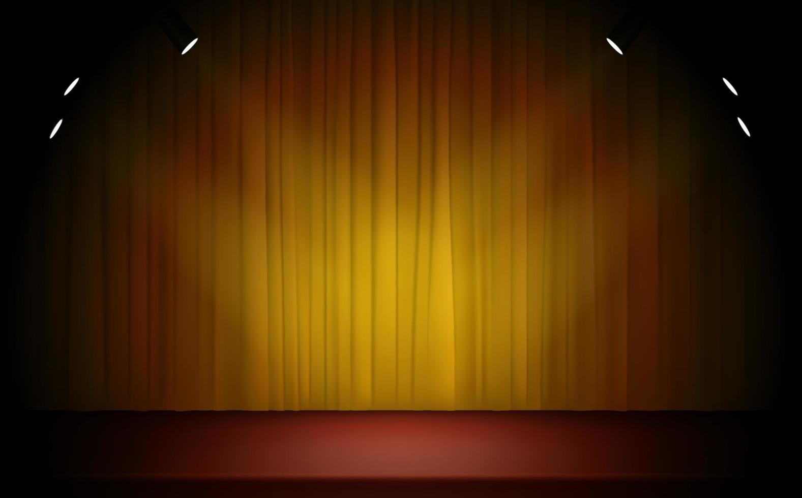 Escenario luminoso con cortinas y focos. Ilustración de vector realista de estilo 3d