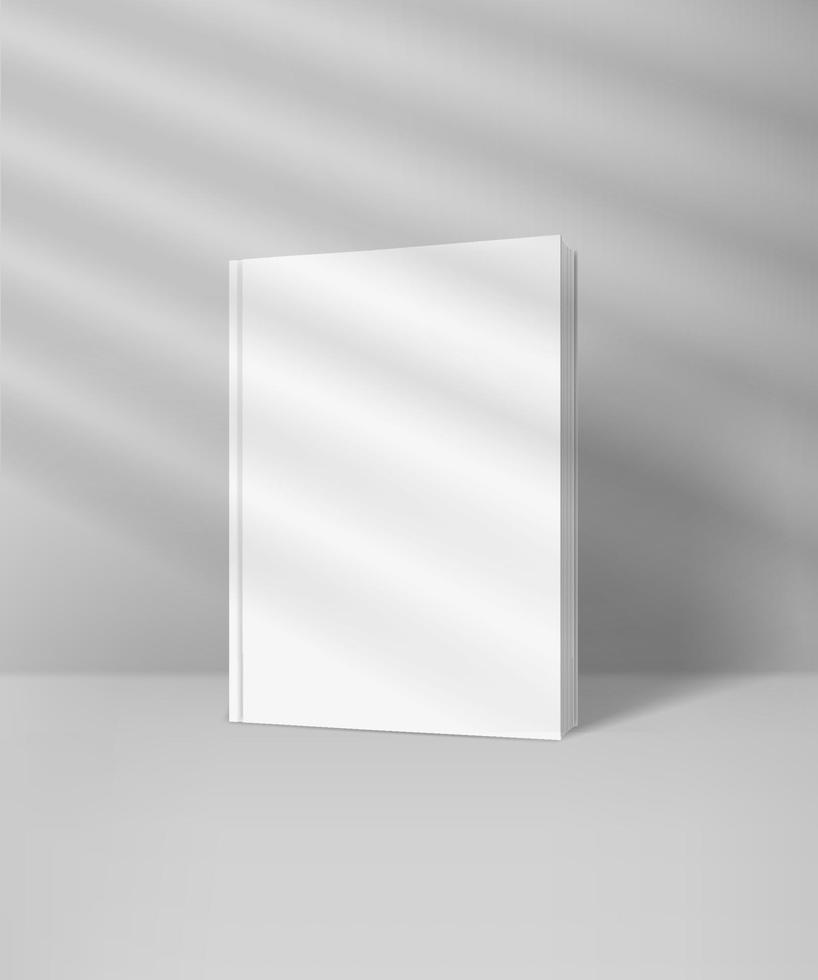 White book with blank hard cover mockup with sun flare effect. Light of the window with blinds vector