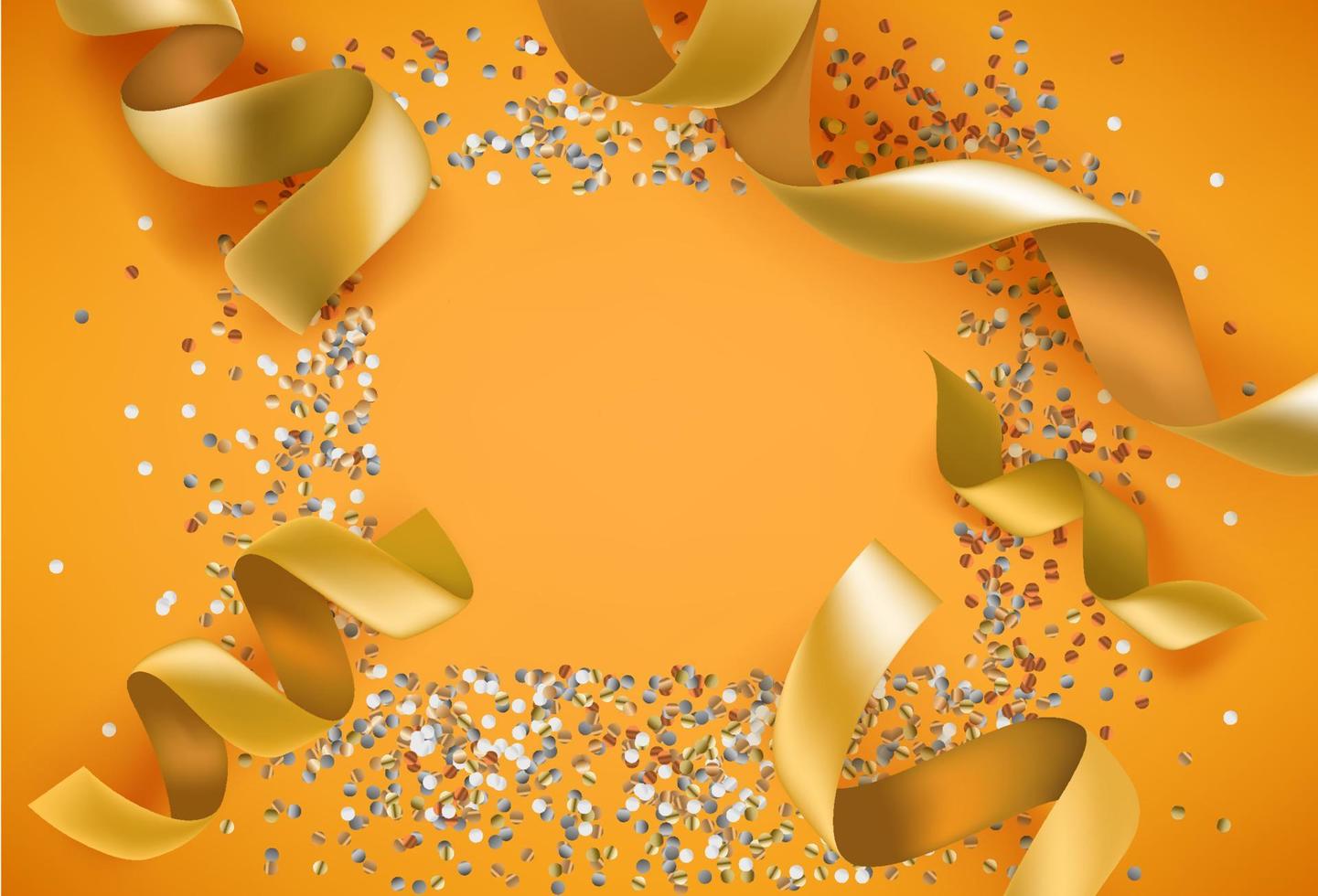 Blank frame with golden ribbons and foil confetti. Greeting card template with copy space vector