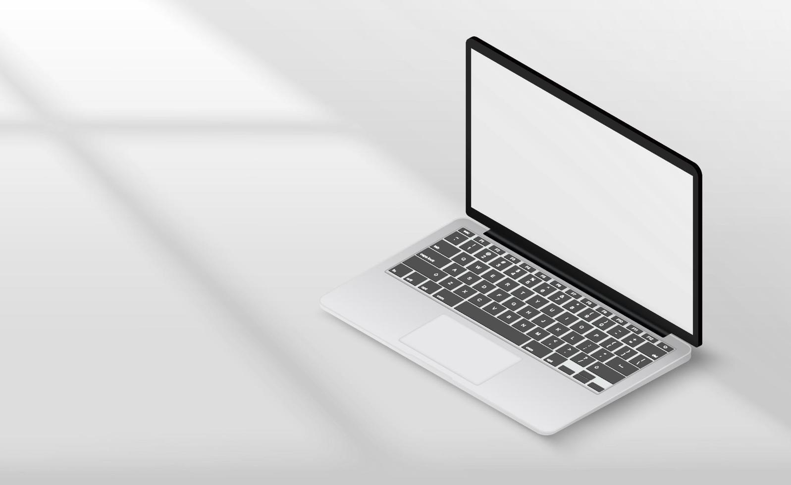 Modern laptop with blank screen on a table with sun light from the window. Realistic vector mockup with sun flare effect