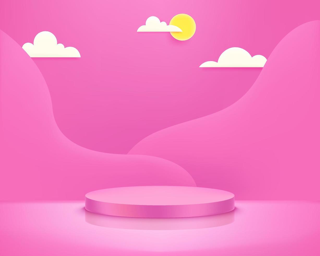 Pink empty interior mockup with clouds. Template for product design. Vector 3d illustration