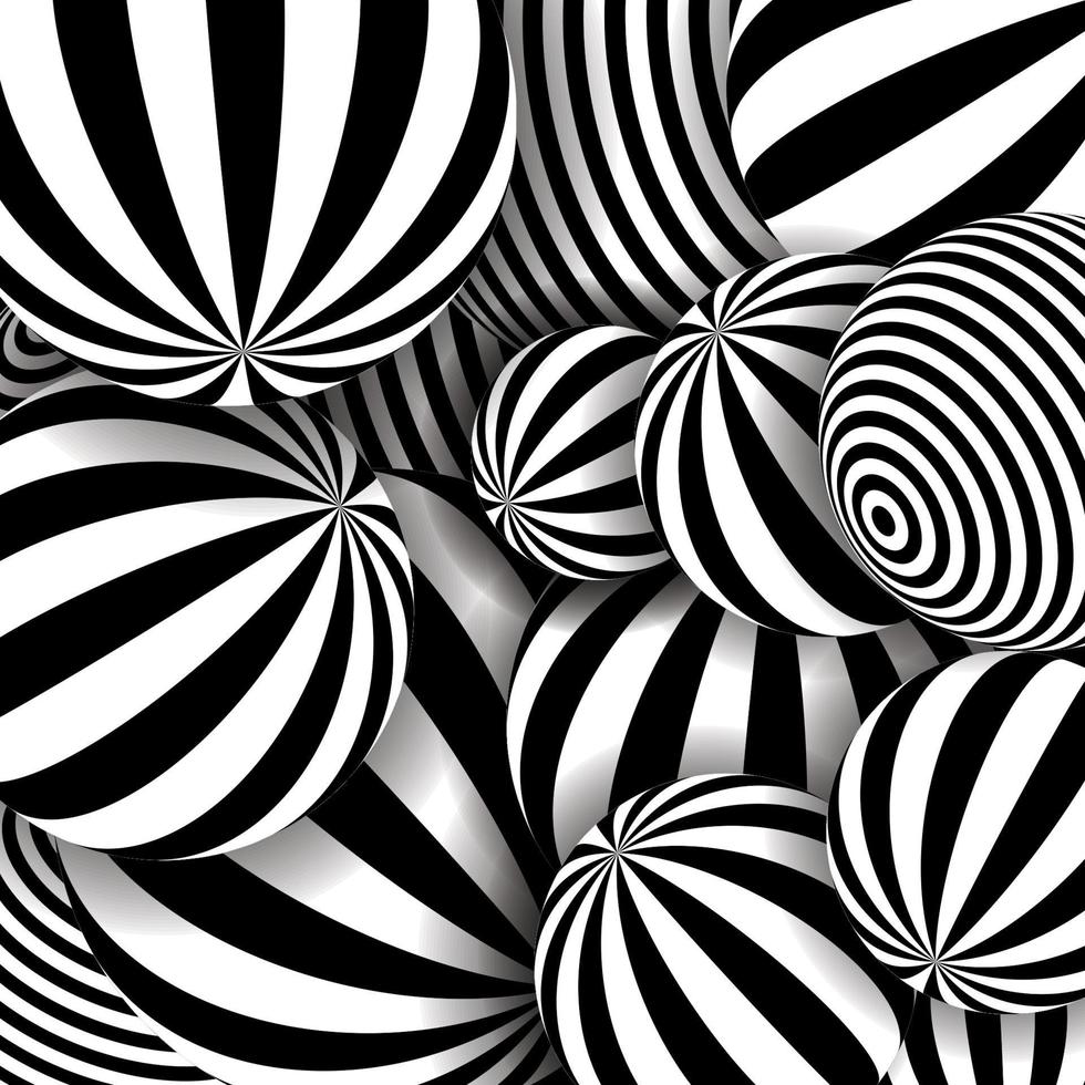 muchas bolas rayadas 3d fondo abstracto blanco y negro vector espiral diagonales remolinos esferas