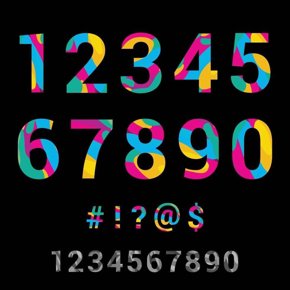 Paper cut numbers and symbols. Realistic 3D multilayer papercut effect. Figures of alphabet letter font. Fluid ink liquid effect in vivid colors. Colorful numbers isolated against a dark background. vector