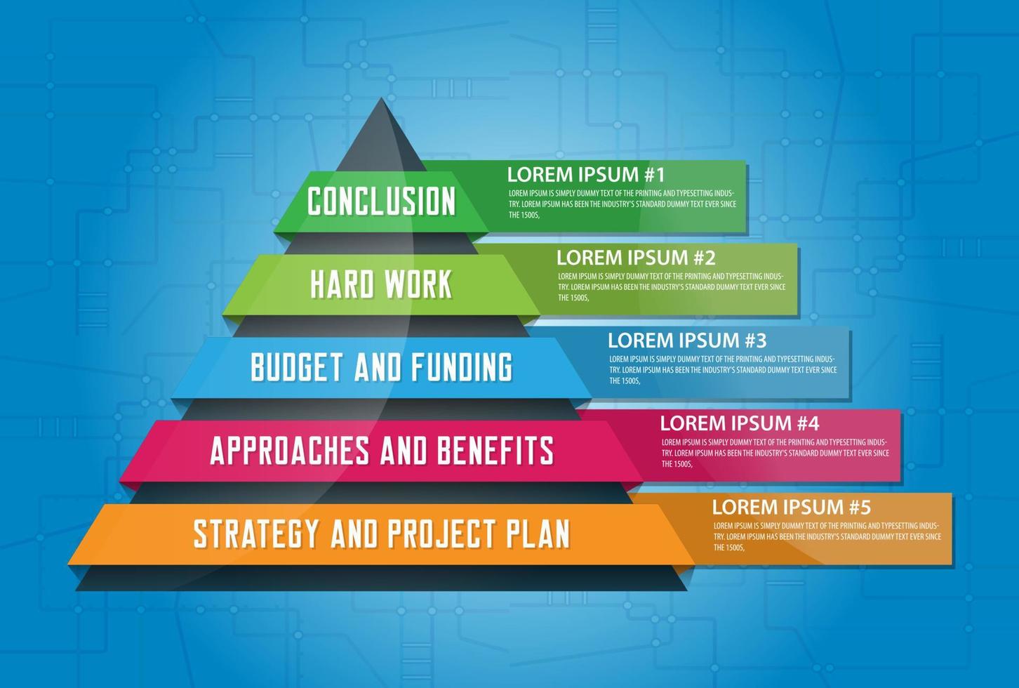 Marketing strategy planning pyramid infographics with five options and steps. Layered chart illustration. Concept of strategic planning, progress, and performance.  Five levels and options vector