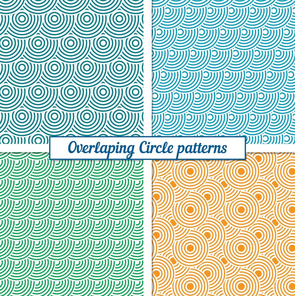 4 seamless vector vintage patterns of overlapping arcs. Set of curving overlapping bands. Modern stylish abstract texture. Repeating geometric tiles from striped elements intersecting circles.