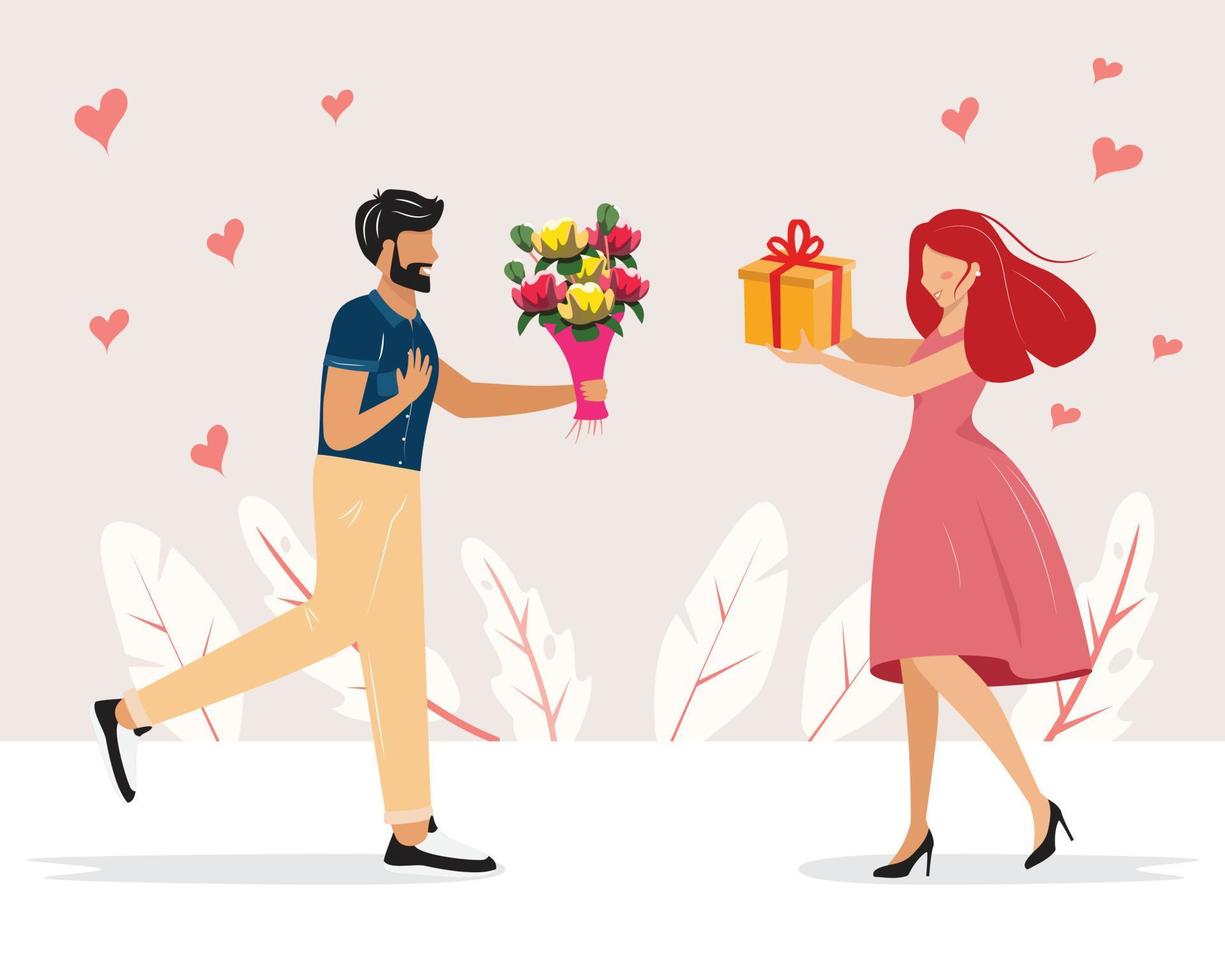 hombre y mujer dándose regalos. Linda pareja de enamorados dándose regalos para el día de San Valentín. Ilustración del concepto de amor. vector