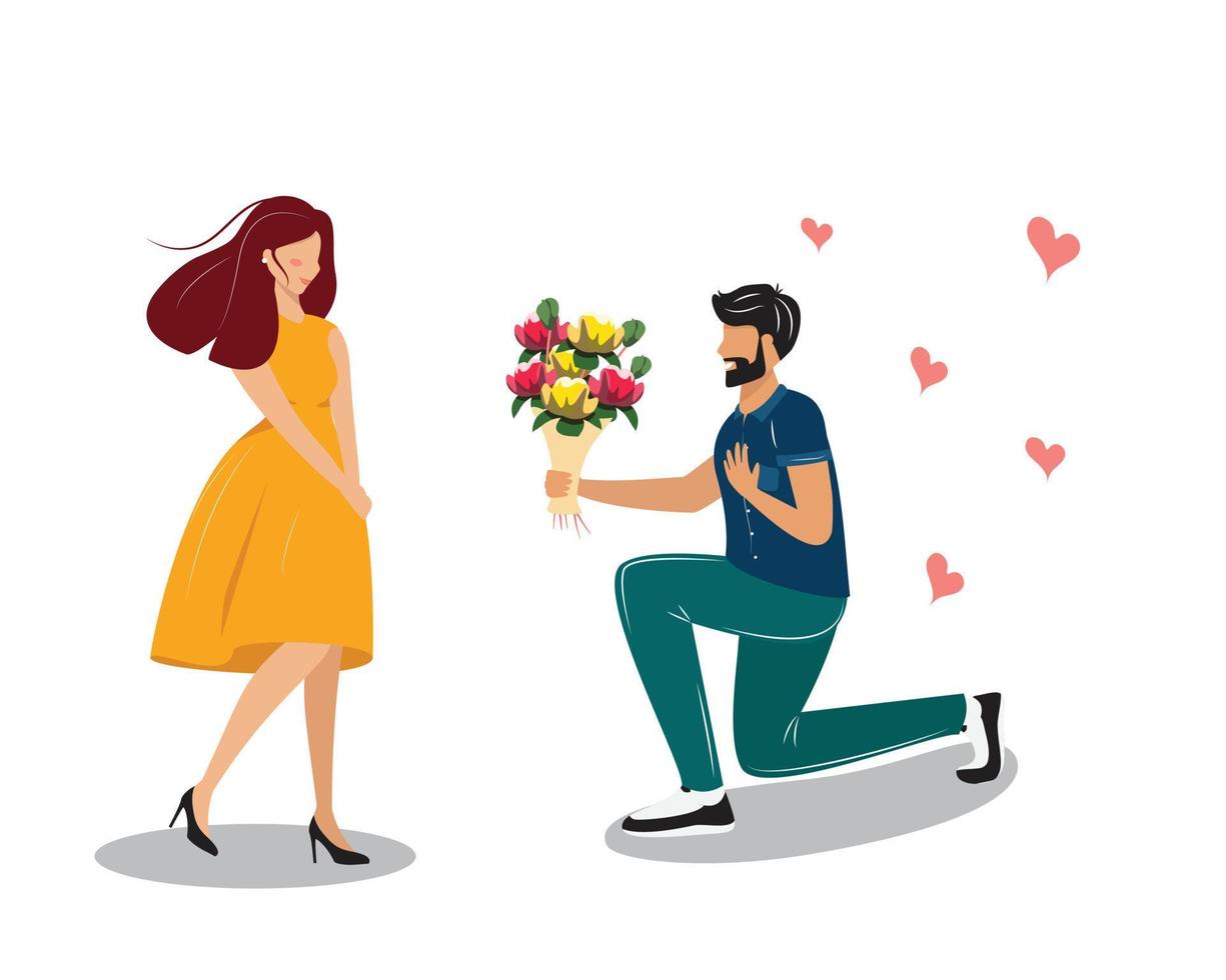 hombre dando flores a la mujer. bonita pareja enamorada. Ilustración de concepto de amor y día de San Valentín. vector