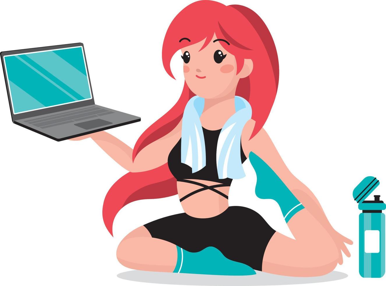 the girl is engaged in yoga with a computer in her hands. remote work or online training vector