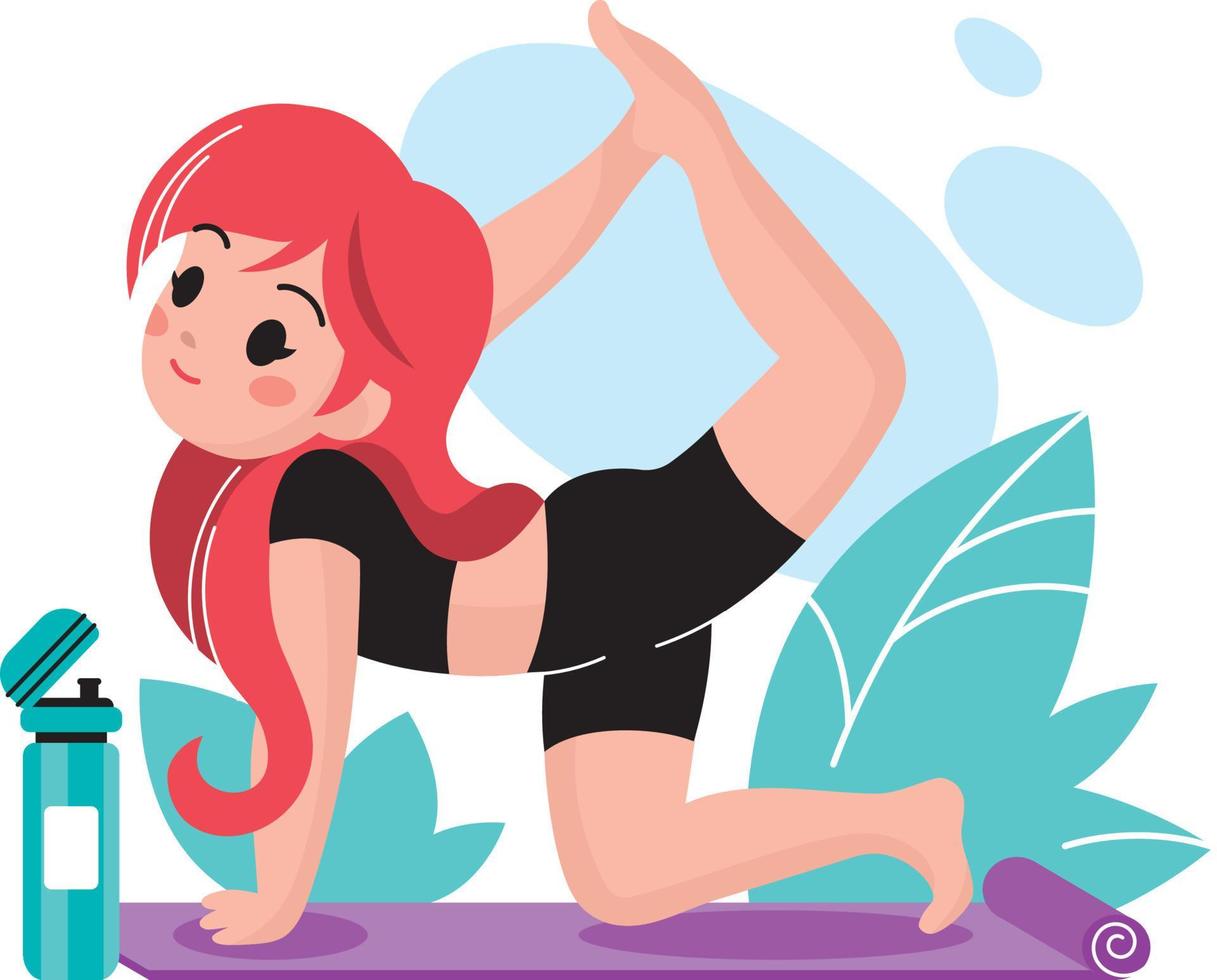 chica haciendo yoga, gimnasia, pilates, sobre una estera de yoga vector