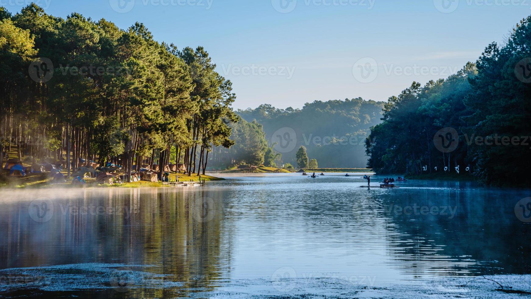 travel  Beatiful nature panorama view of Pang Ung lake in the mist at sunrise. photo