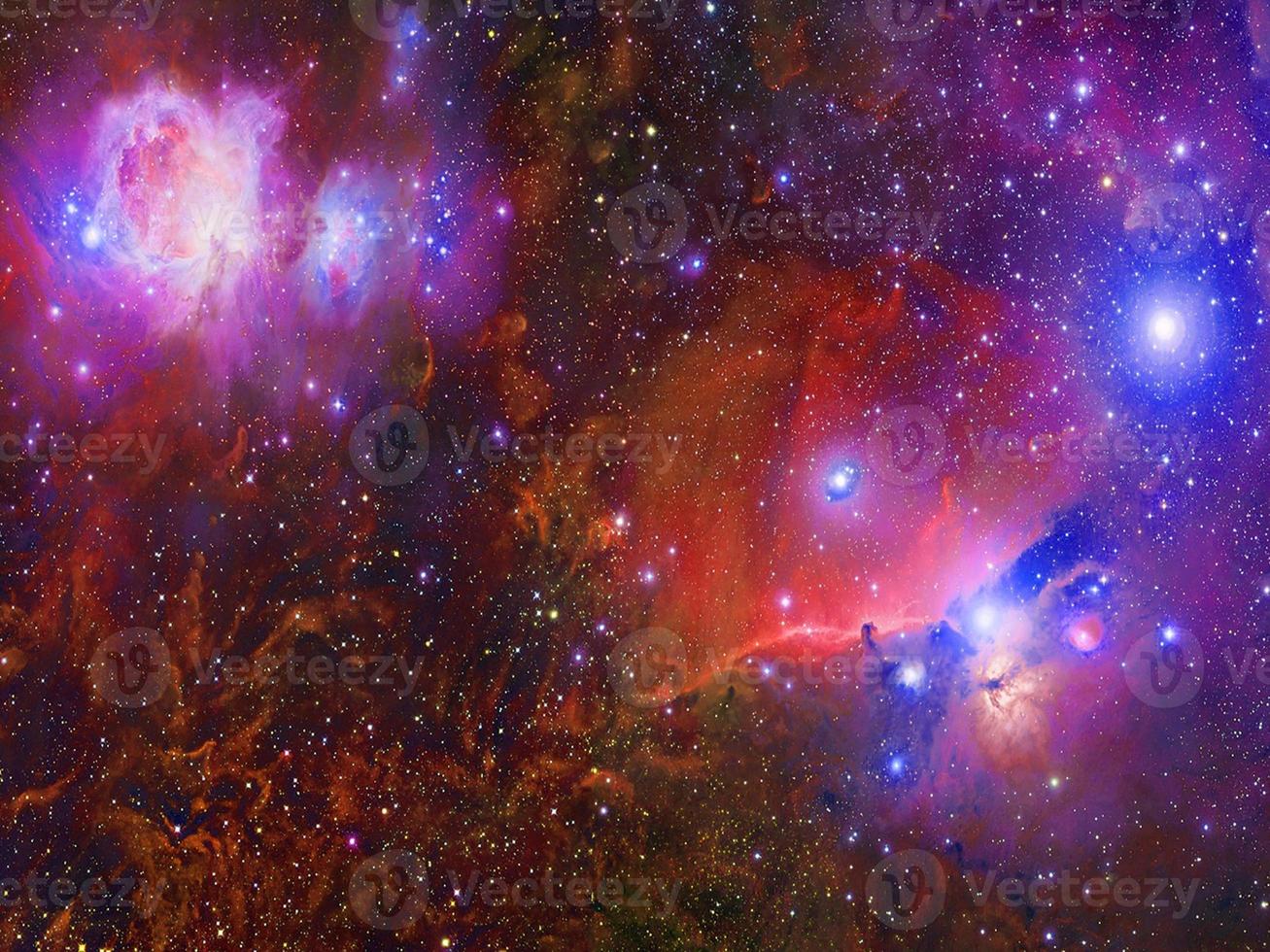 Infinite beautiful cosmos dark red and light blue background with nebula, cluster of stars in outer space. Beauty of endless Universe filled stars.Cosmic art, science fiction wallpaper photo