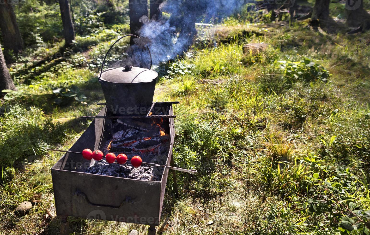 In the old cauldron on the barbecue cooking porridge against a forest clearing at noon photo