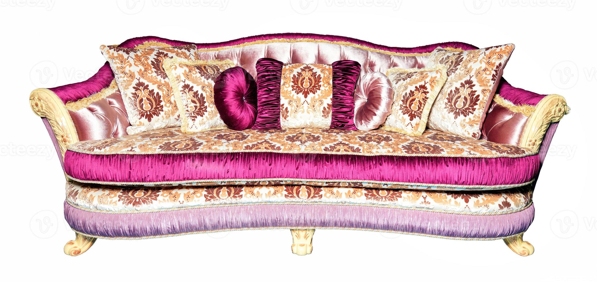 Luxurious sofa upholstered in expensive brocade textile fabric isolated on a white background. photo