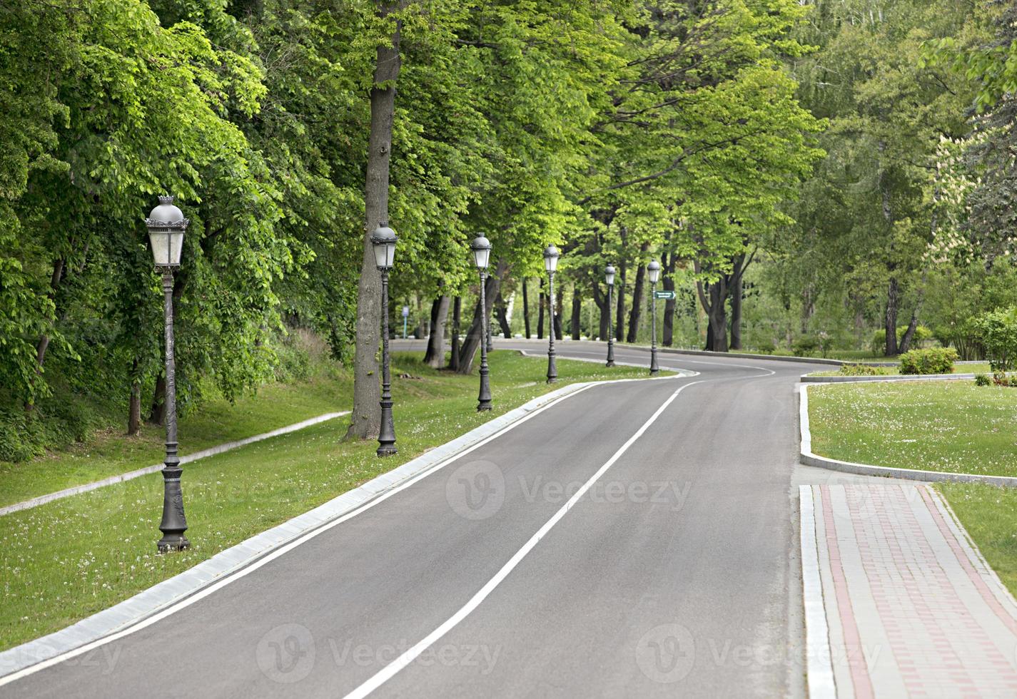 A winding asphalt road and a sidewalk for pedestrians through the park with a number of beautiful vintage lamps photo