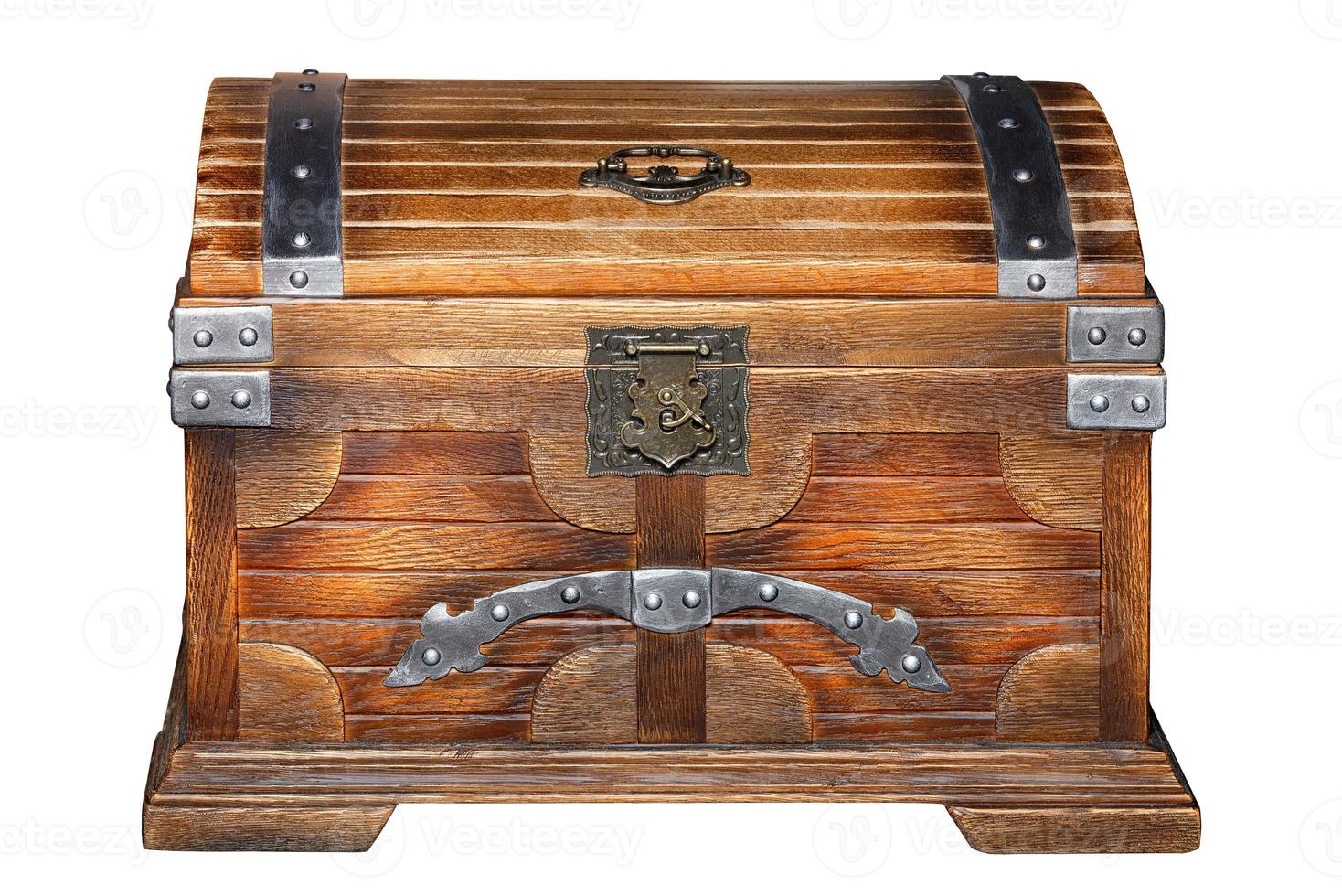 Wooden chest with metal locks in a decorative design, isolated on a white background. photo