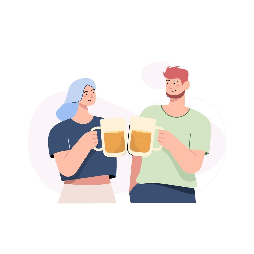 dos amigos reunidos y bebiendo cerveza juntos en diseño plano vector