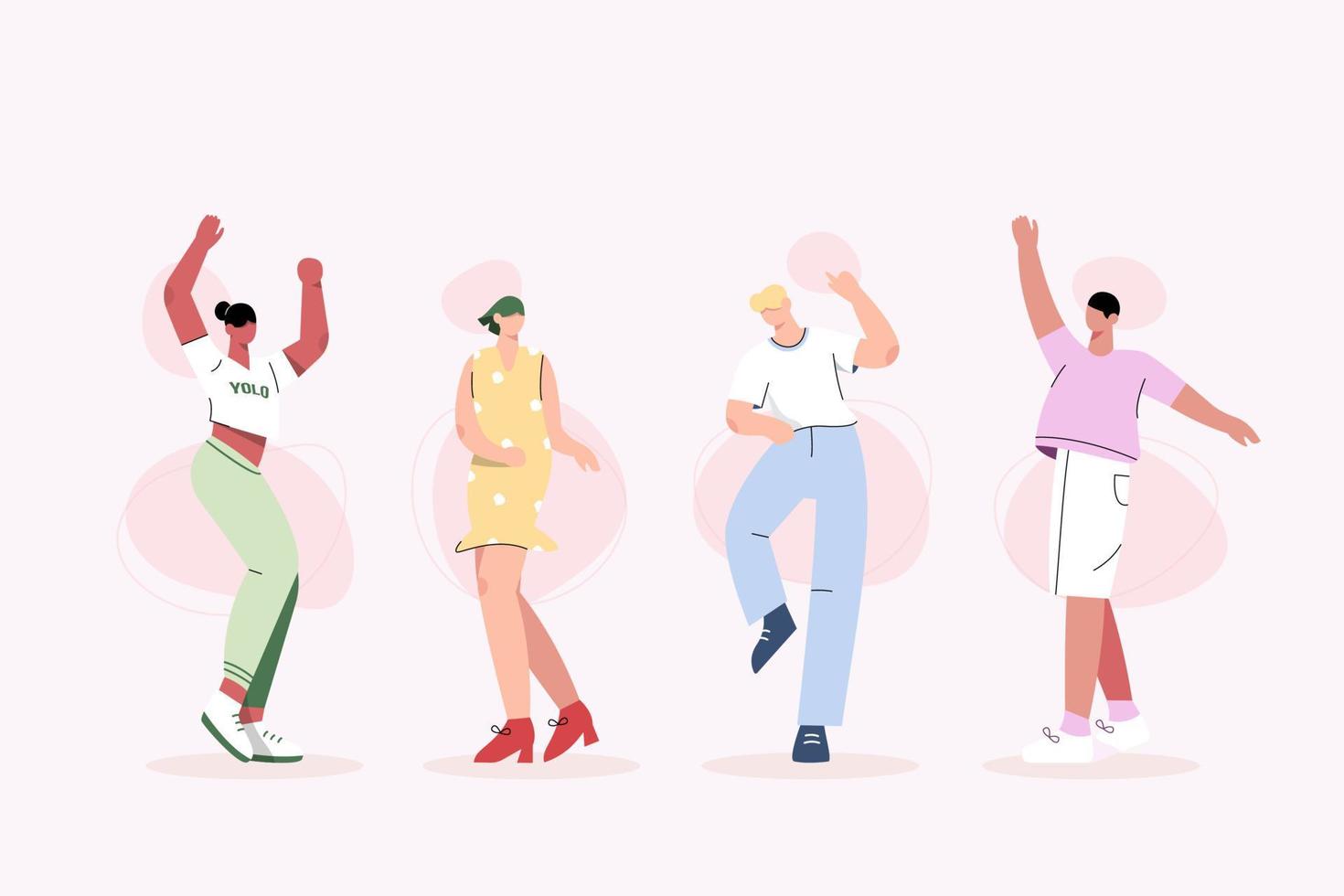 Group of young people dancing happily in flat design vector