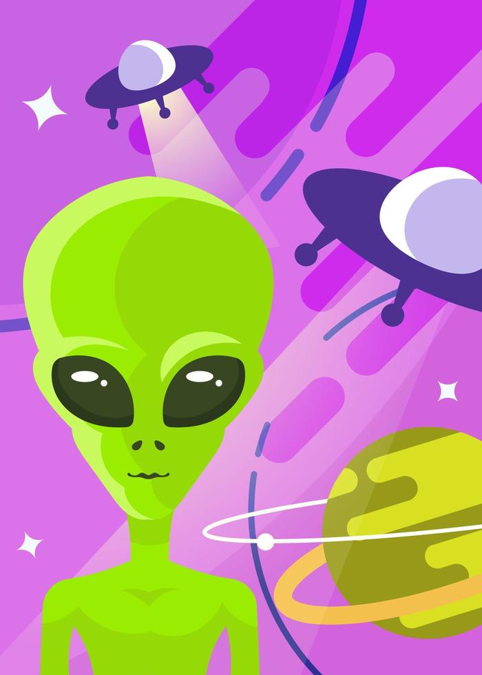 Poster with alien and flying saucers. vector