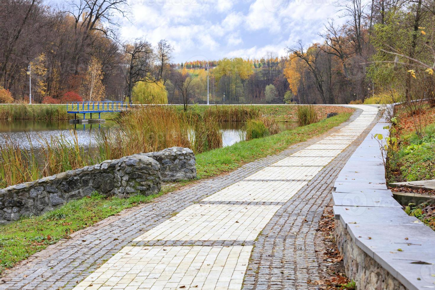 el camino de losas de pavimentación con un marco de hojas de adoquines en el parque de otoño de la ciudad foto