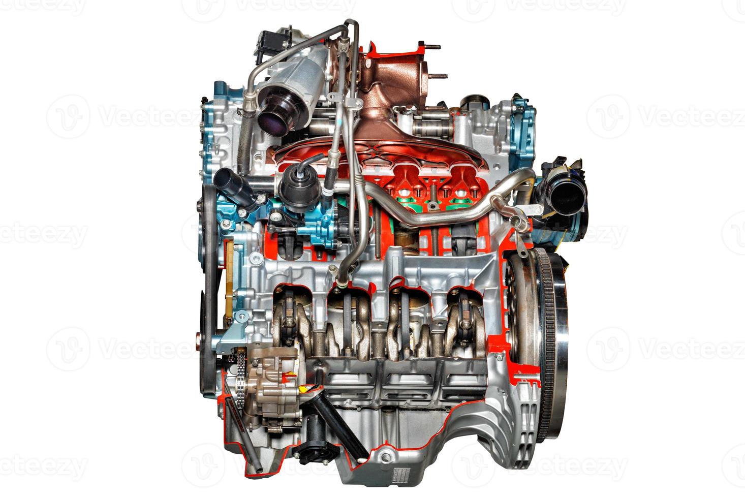 Motor de combustión interna de un automóvil moderno en un soporte con un corte del grupo de pistones. foto