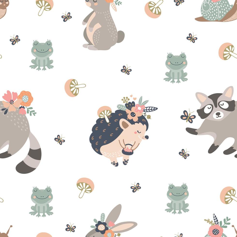 Seamless  pattern with cute forest animals flowers and mushrooms on a light background vector