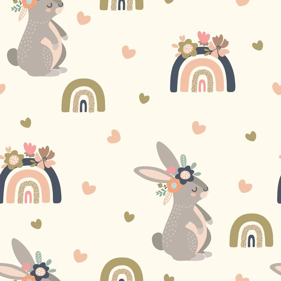 Seamless  pattern with cute gray rabbits and rainbows Creative animal texture vector