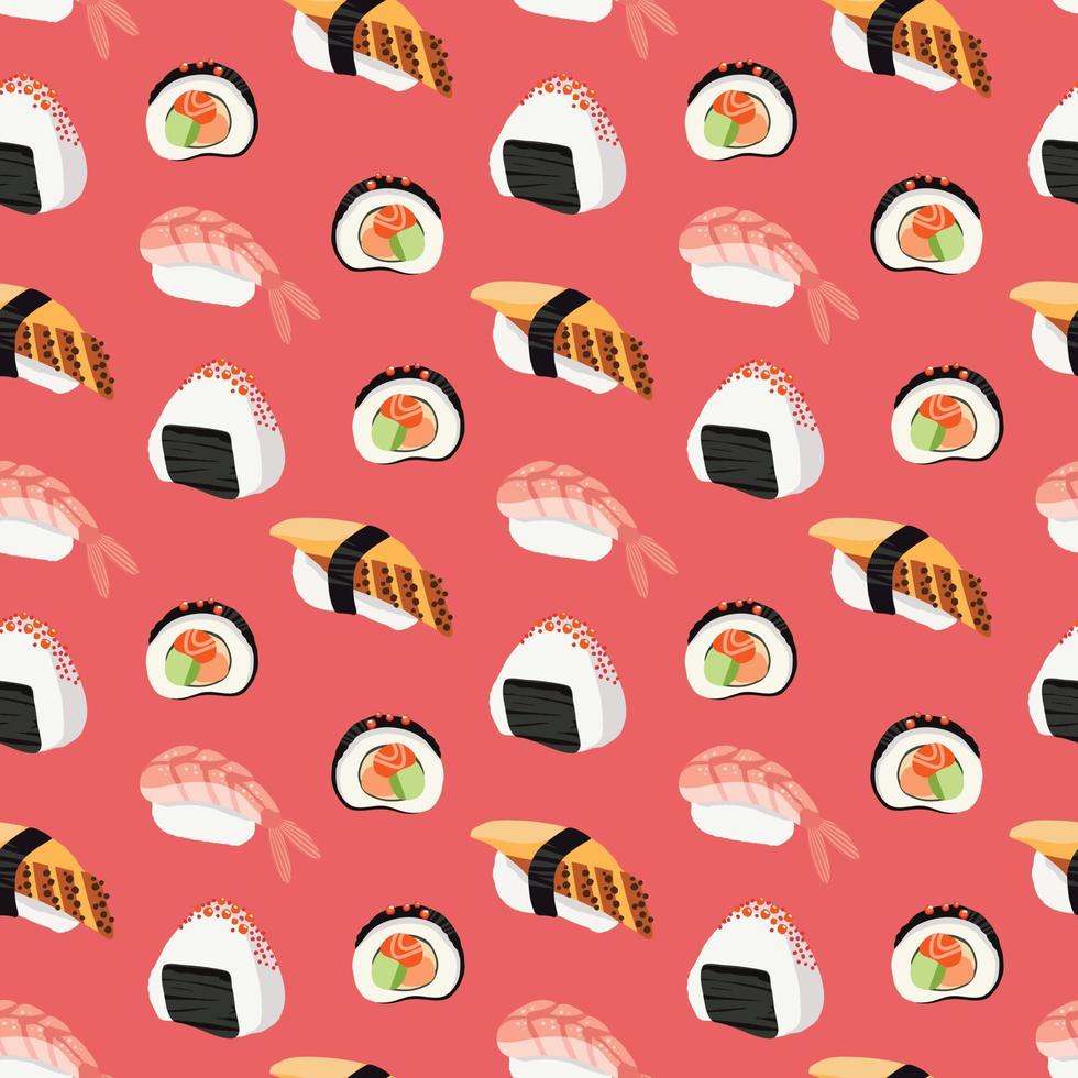 seamless pattern japanese traditional food rolls sushi and nigiri cartoon style on pink backgroun vector