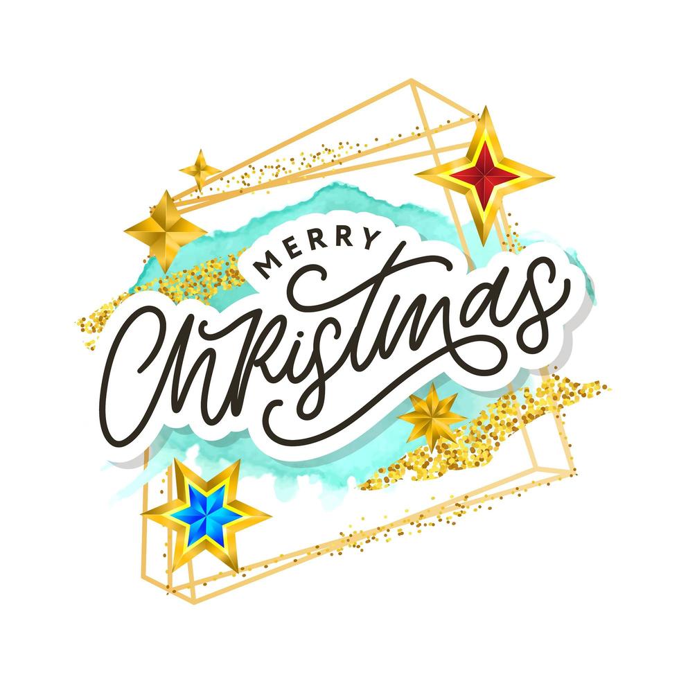 Merry Christmas text decorated with hand drawn lettering with gold stars. Greeting card design element. Vector typography.