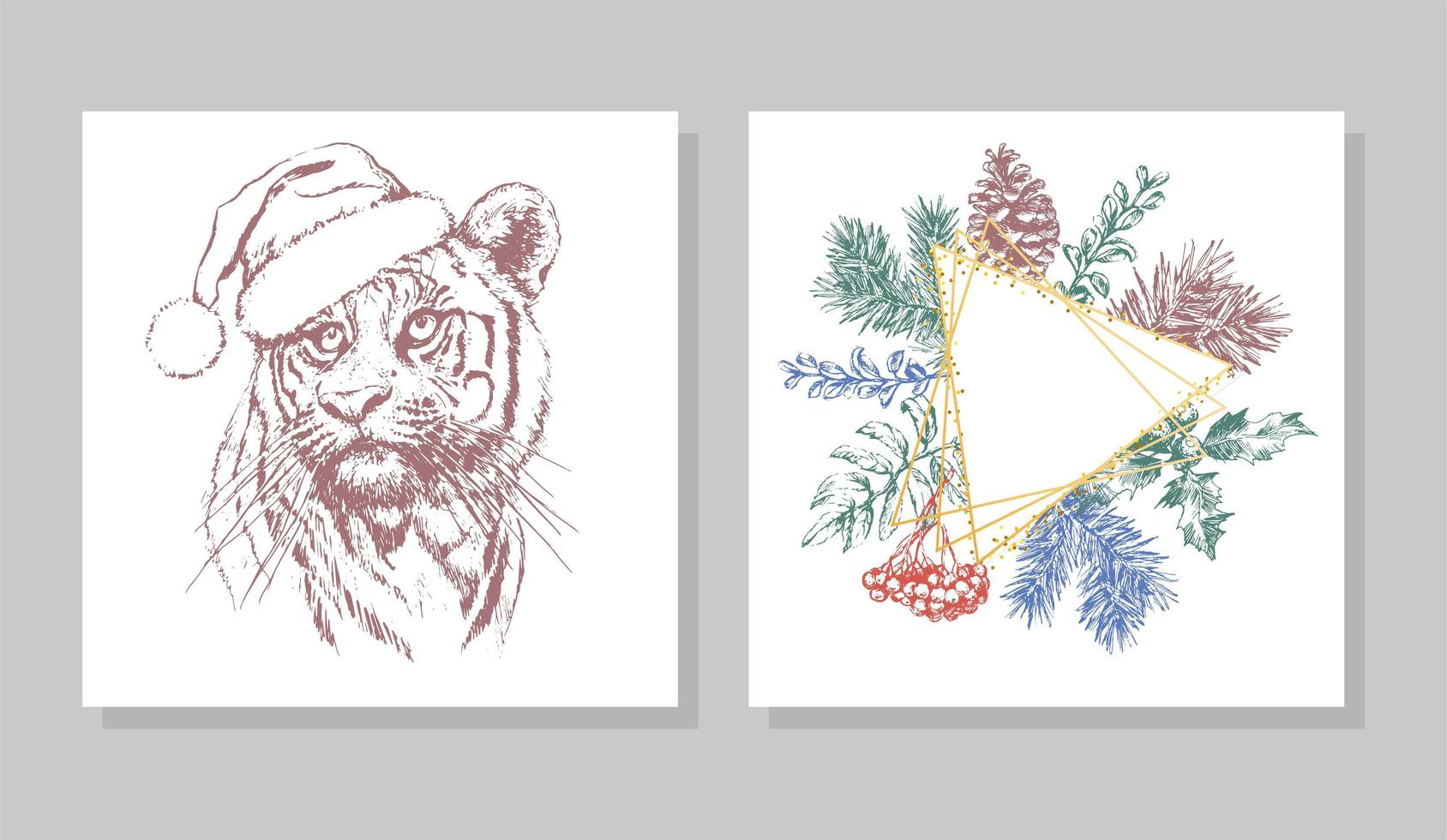 Tiger in Christmas hat. Print on a postcard or poster. Vector illustration. Holiday card. New Year's and Christmas. Santa Claus.