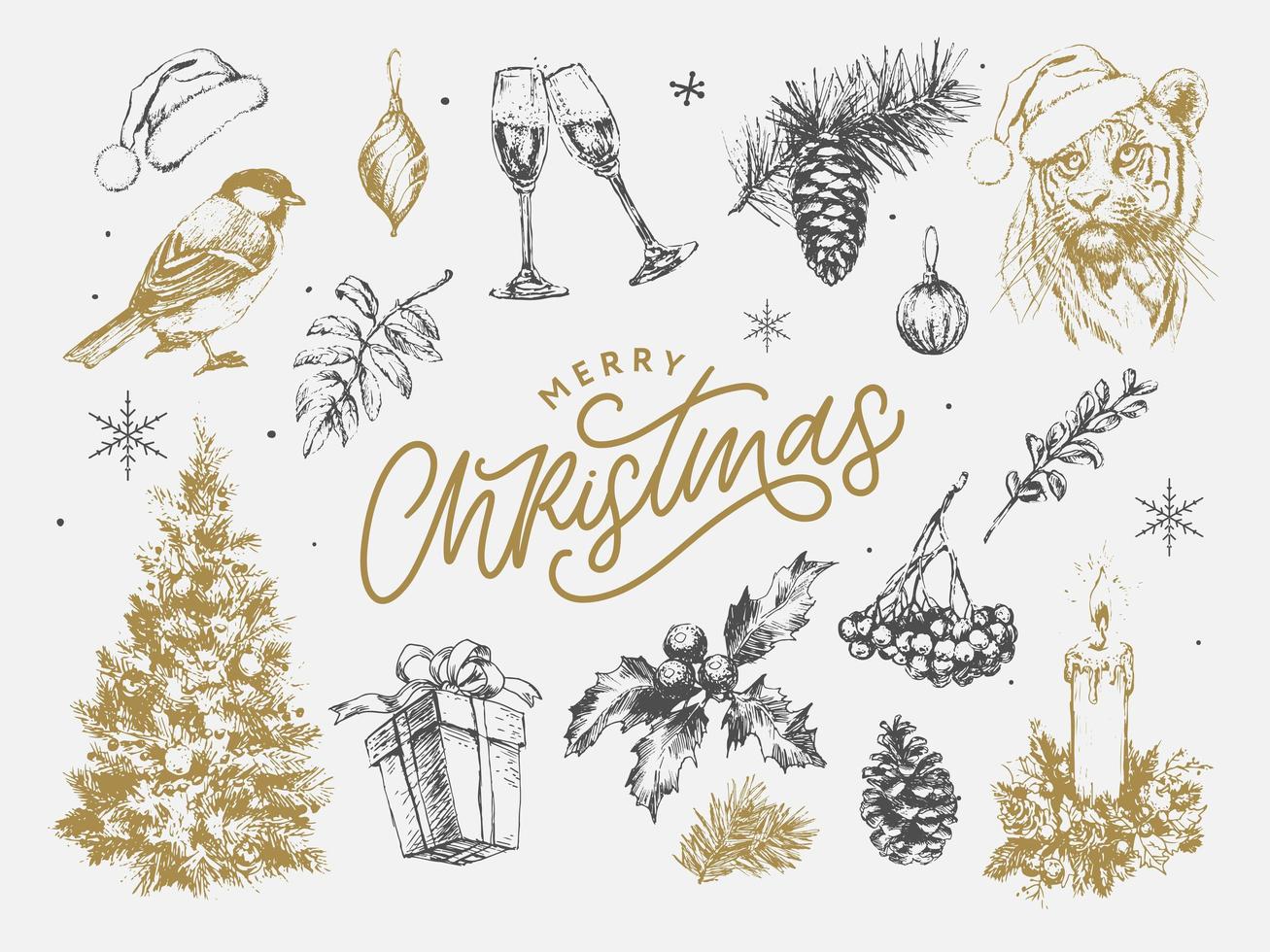 conjunto de navidad 2022 año nuevo y símbolos navideños, árbol de navidad, tigre, santa, cono, canela, vasos, velas, juguetes, regalos, ilustraciones de boceto. vector