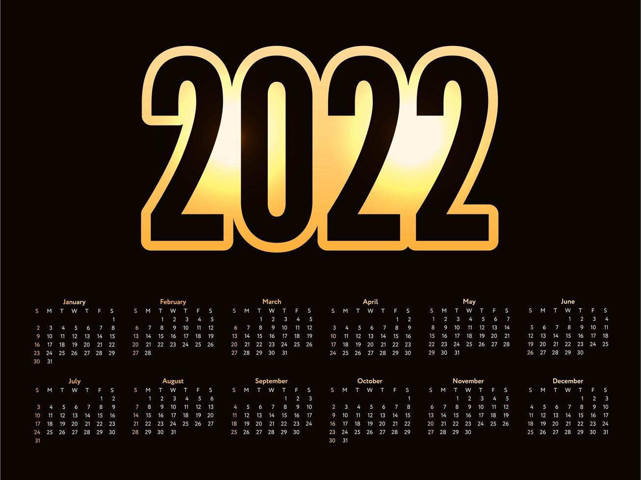 2022 Christmas lettering golden New Year Sketch Calendar Week starts on Sunday. vector